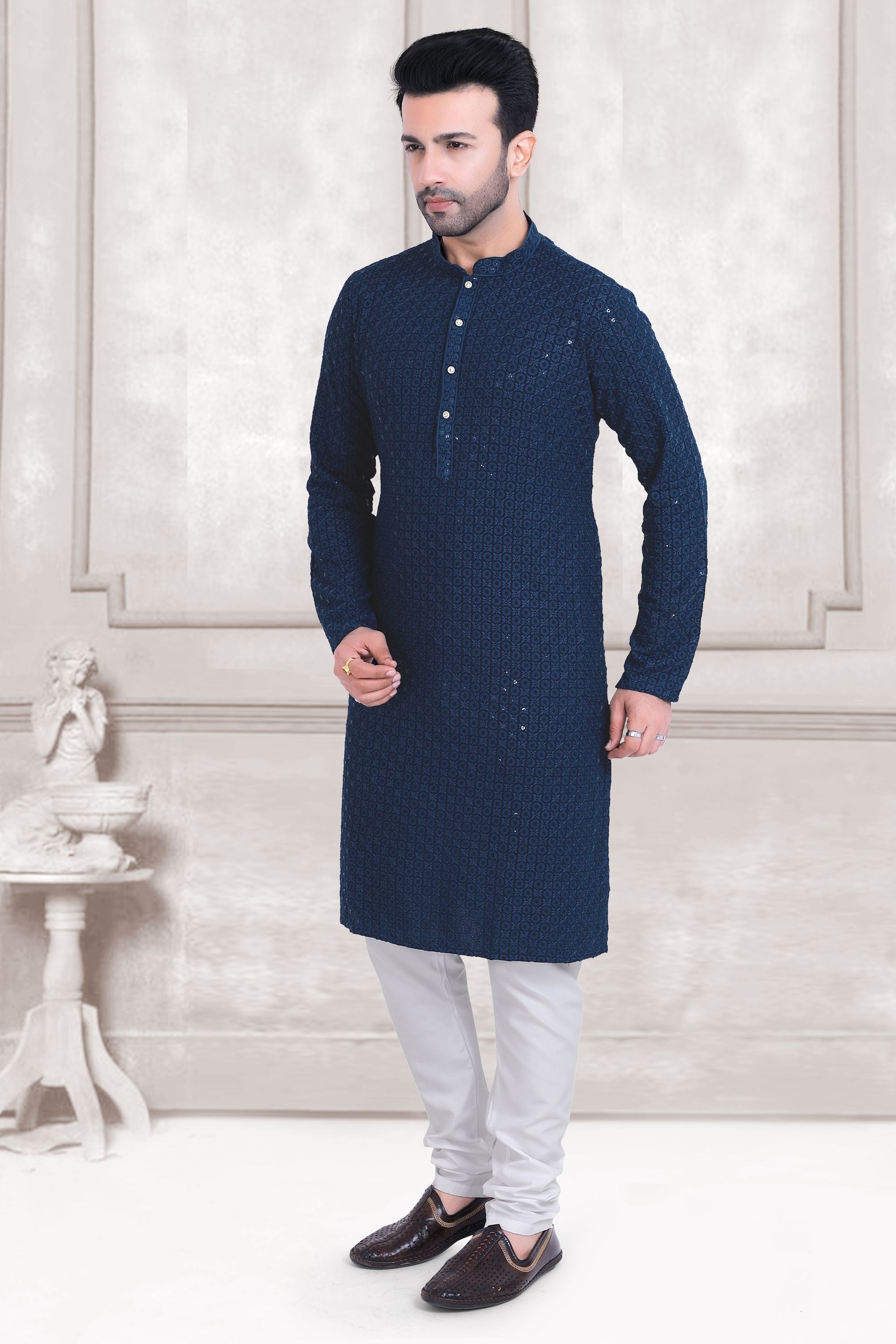RangMahal Damen Reine Baumwolle Indische Handarbeit Lucknowi Chikankari Kurti Mit Dupatta Set Traditionelle Kleidung, Weiss/opulenter Garten, Small