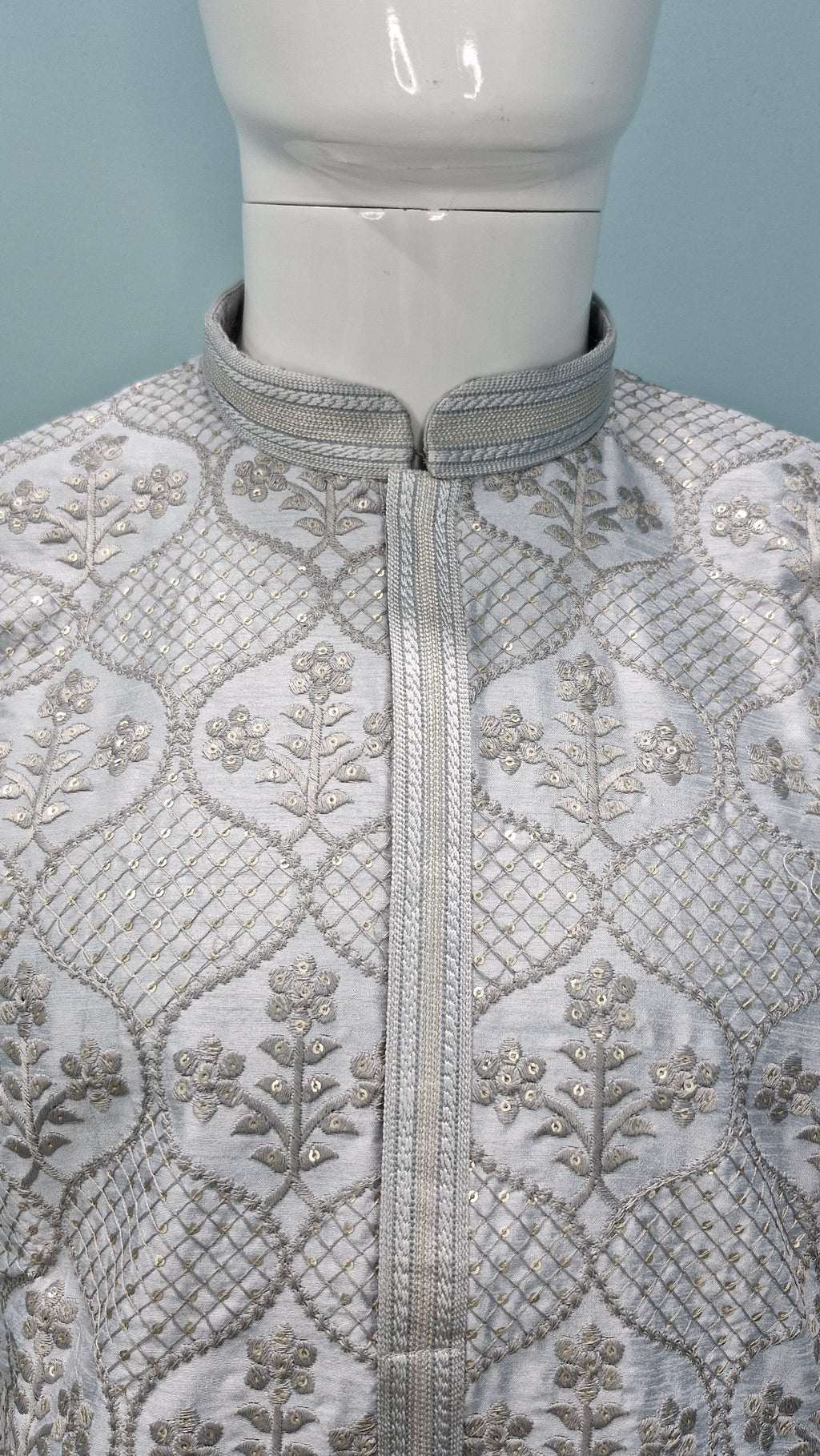 Men's Silver Grey Embroidered Silk Jacquard Kurta Set (10012)