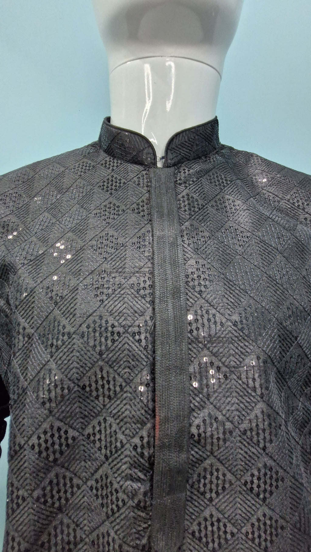 Men's Black Embroidered Kurta with White Pajama Set (10088)