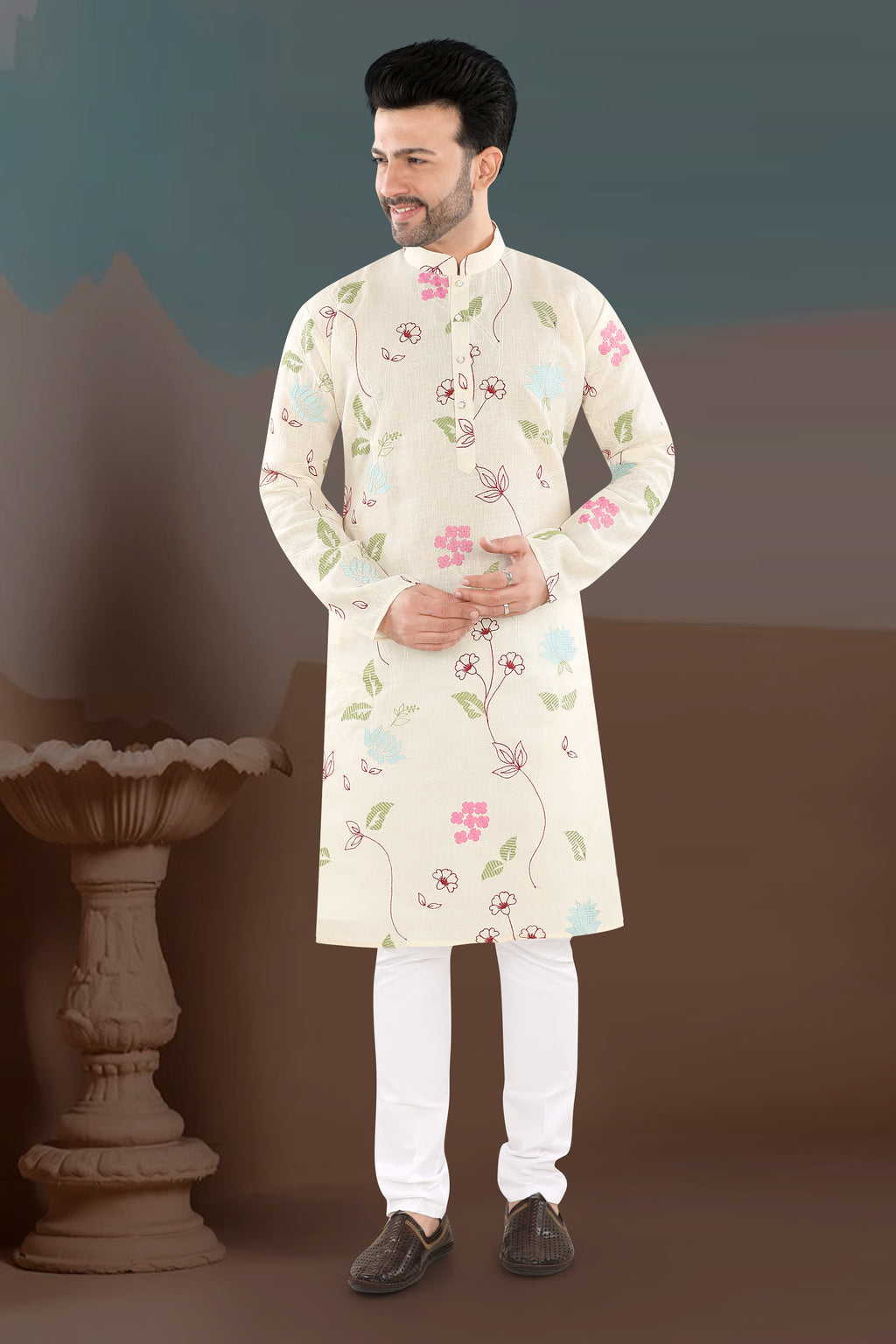 Ivory Garden Kurta – Pastel Floral Festive Wear (1092)
