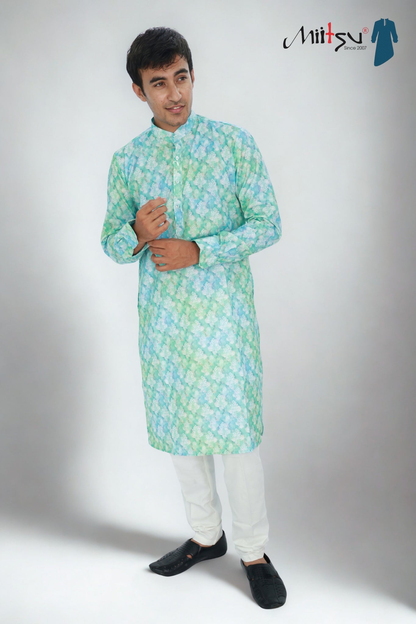 Men's Pistachio Floral Cotton Kurta (1204)