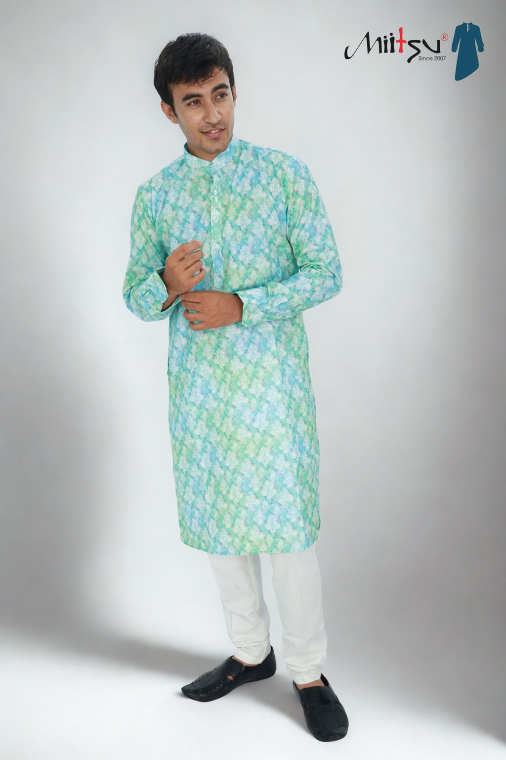Men's Pistachio Floral Cotton Kurta (1204)