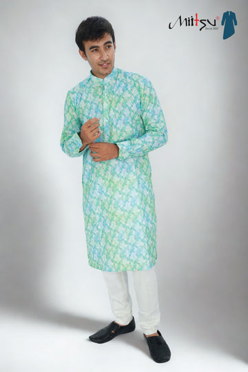 Men's Pistachio Floral Cotton Kurta (1204)