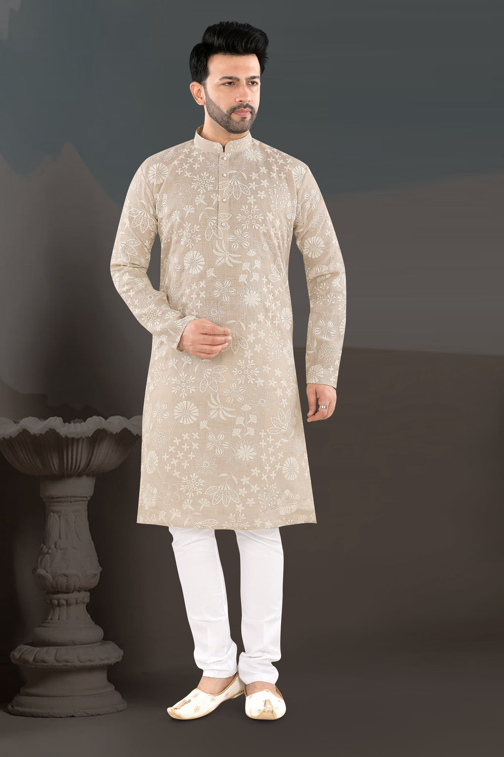 Fawn Elegance Kurta – All-Over Floral Festive Wear (1378)