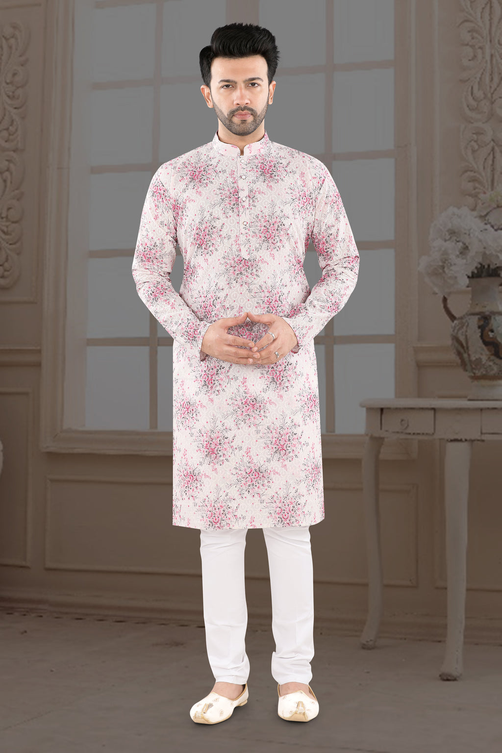 Ivory Pink Floral Print Kurta (14097)