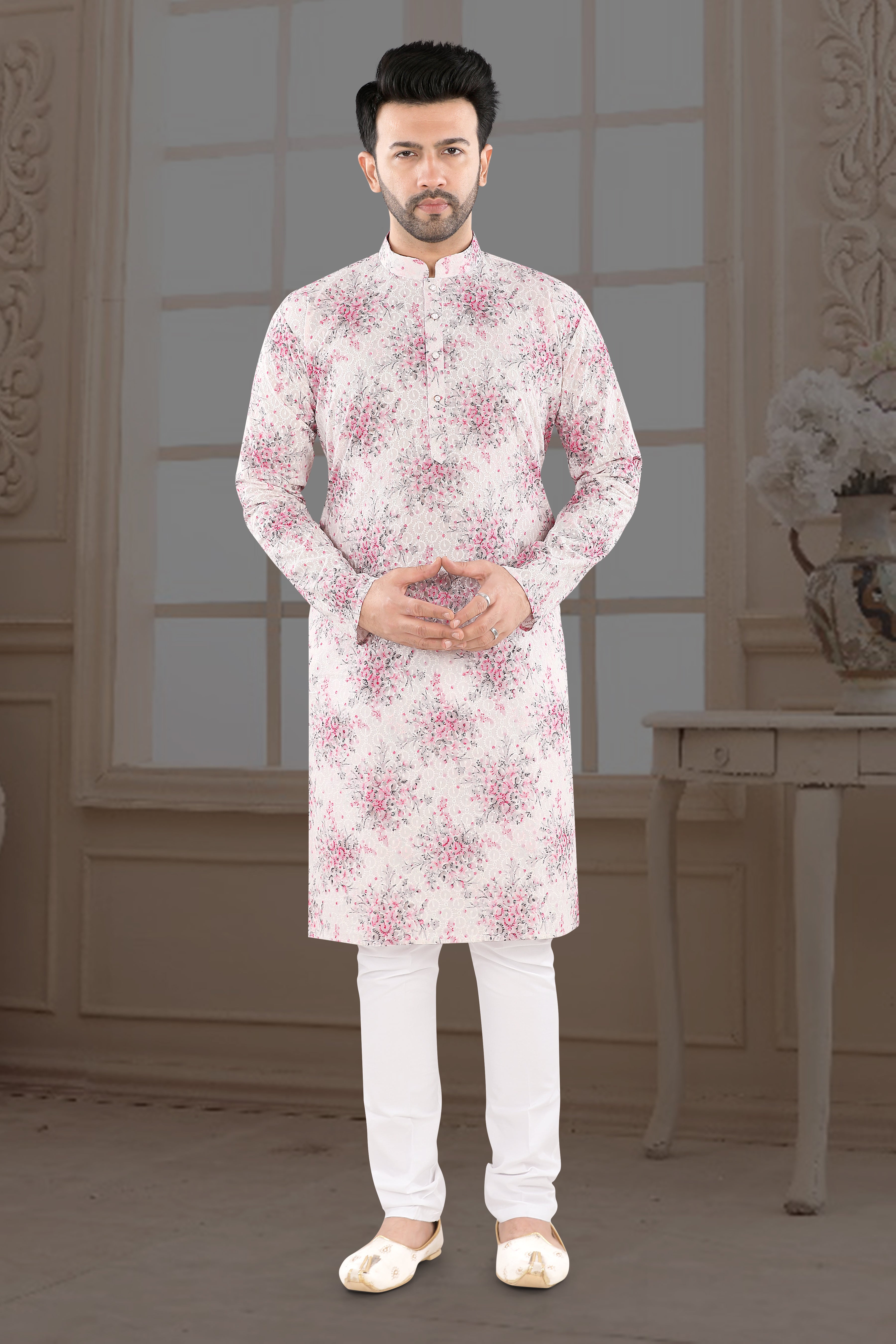Ivory Pink Floral Print Kurta (14097)