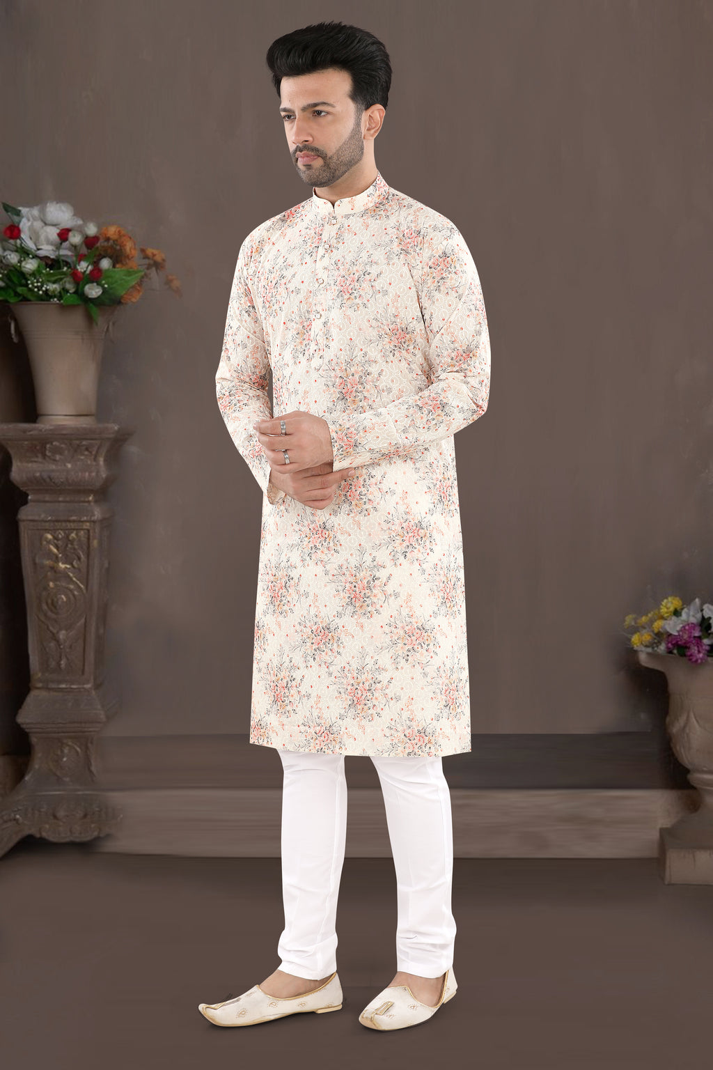 Ivory Orange Floral Print Kurta (14097)
