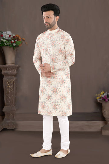 Ivory Orange Floral Print Kurta (14097)