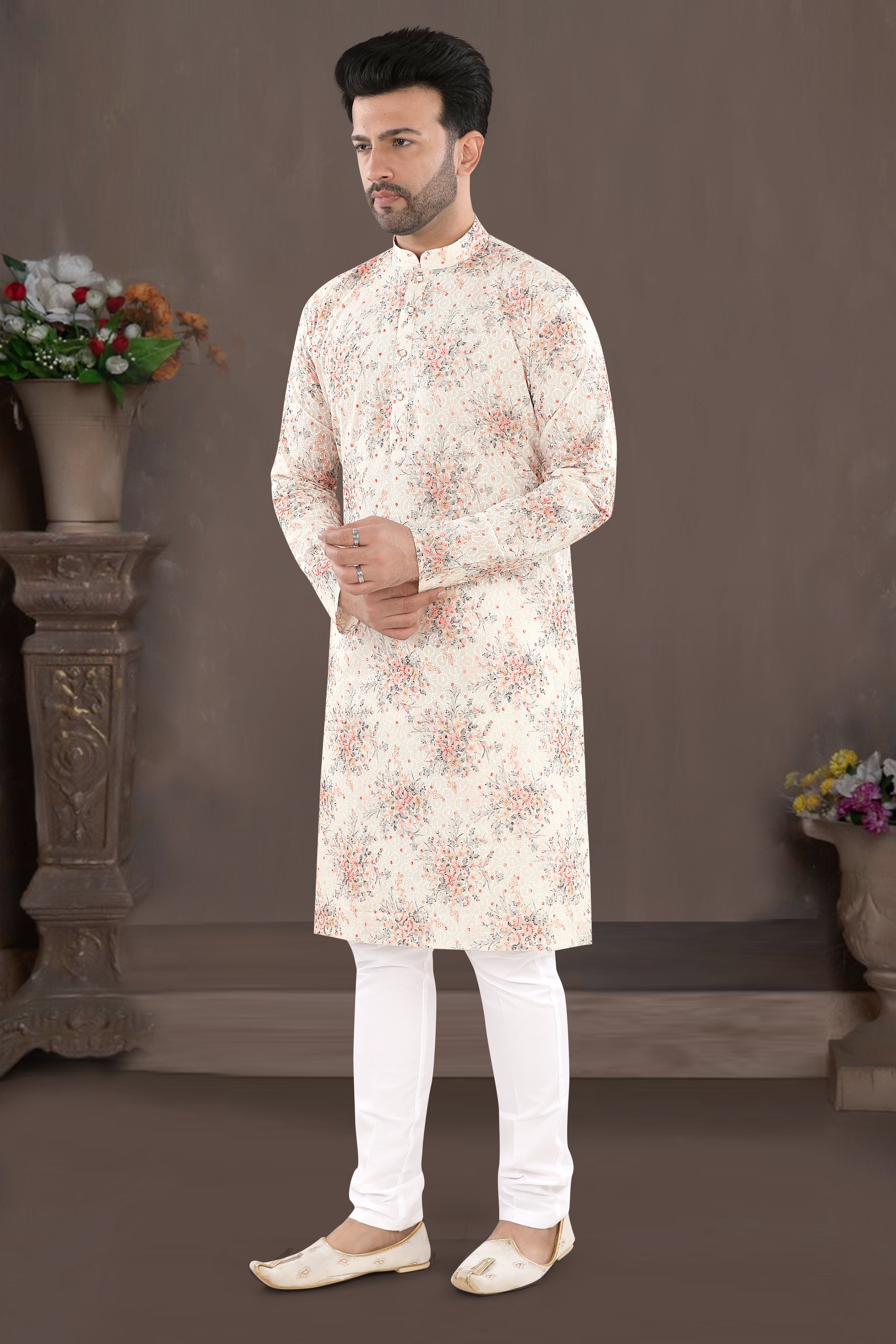 Ivory Orange Floral Print Kurta (14097)