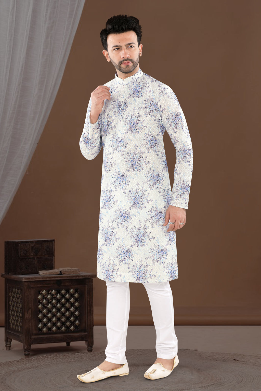 Ivory Blue Floral Print Kurta (14097)