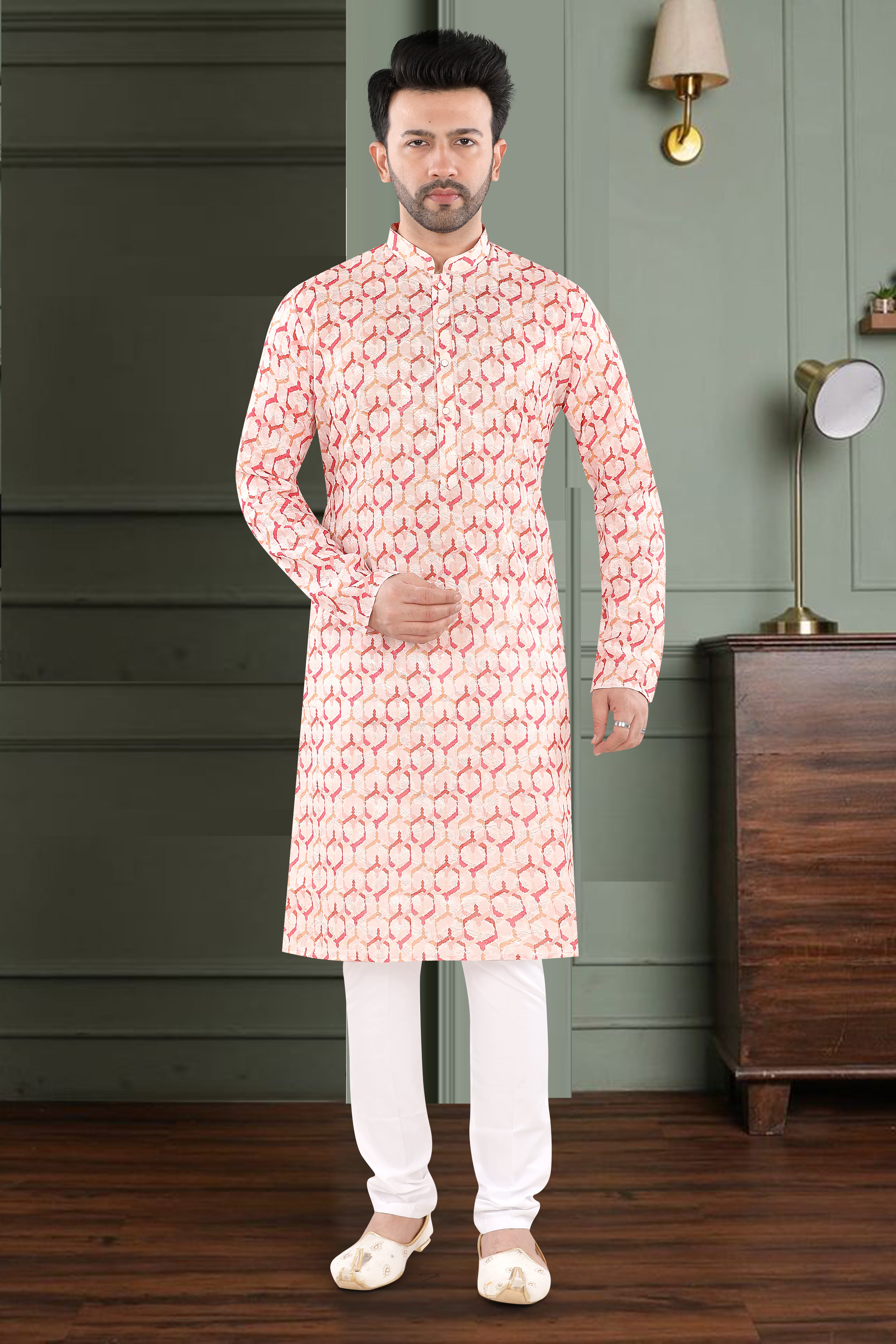 Coral Heritage Kurta – Geometric Festive Elegance (1621)
