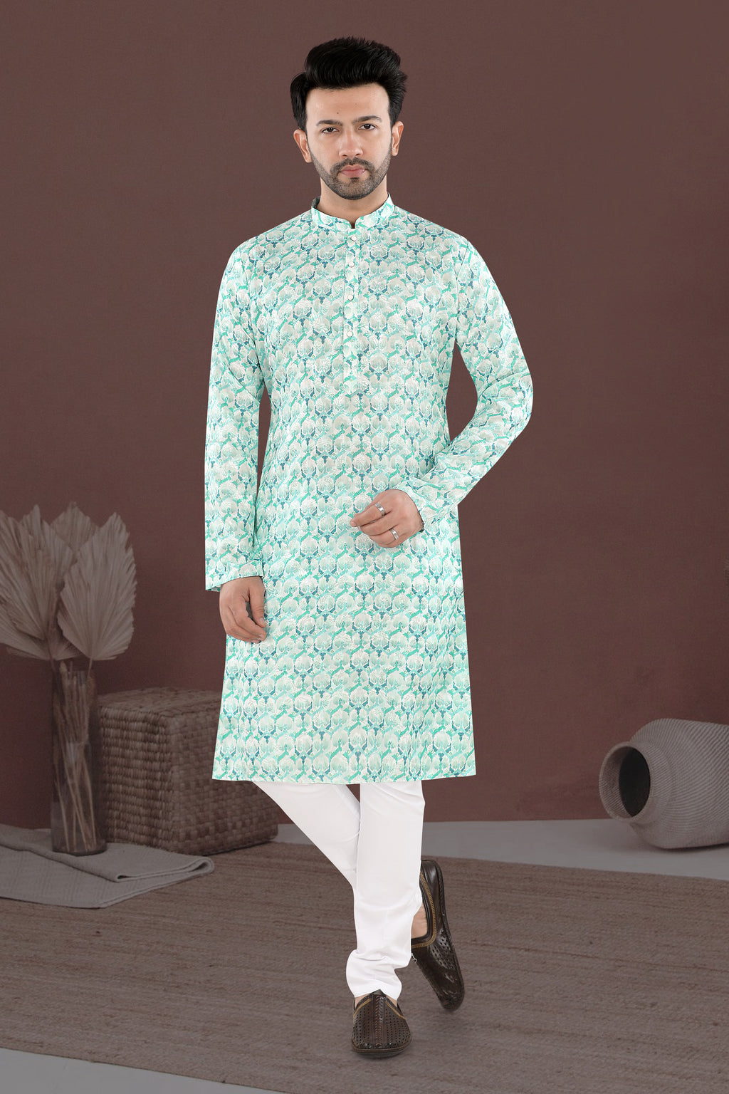 Mint Mosaic Kurta – Contemporary Festive Print (1621)