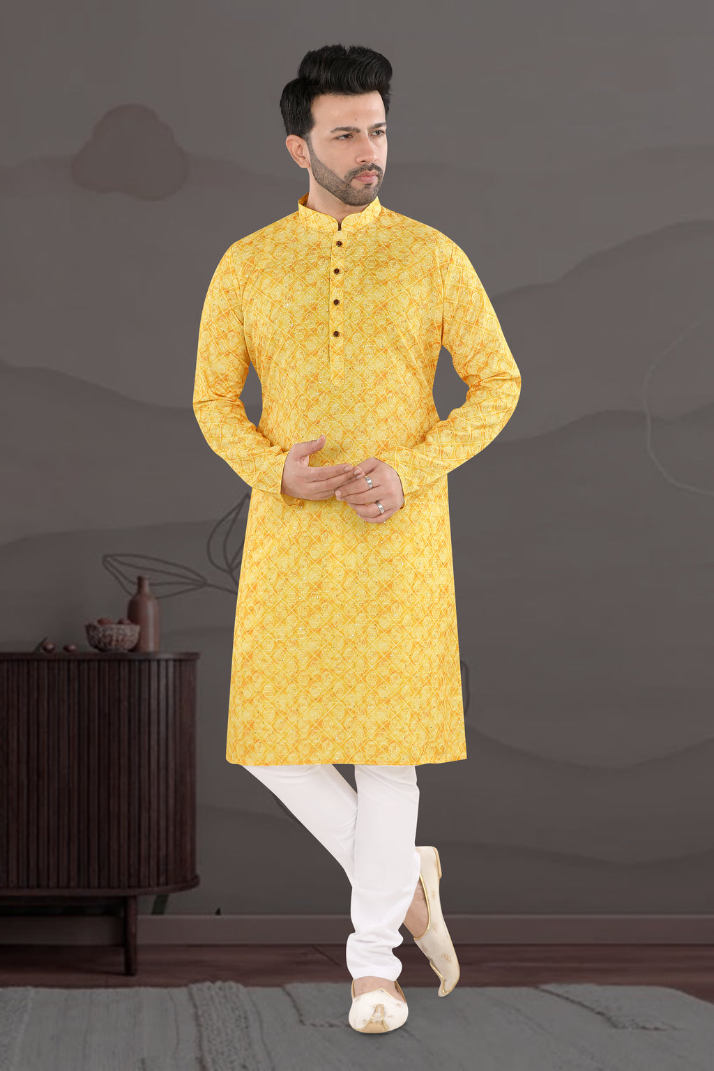 Sunlit Royale Kurta – Golden Geometric Festive Wear (1630)