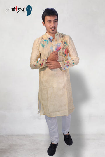 Artistic Elegance Beige Kurta with Color Splash Design (165)