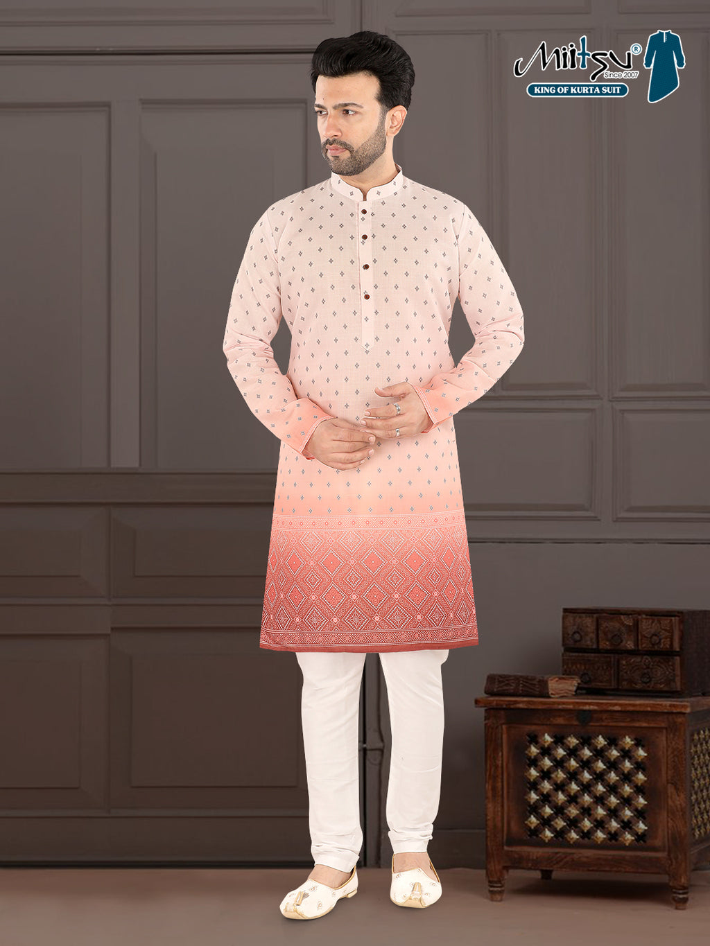 Light Peach Printed Kurta Set with Contrast Border (1939)