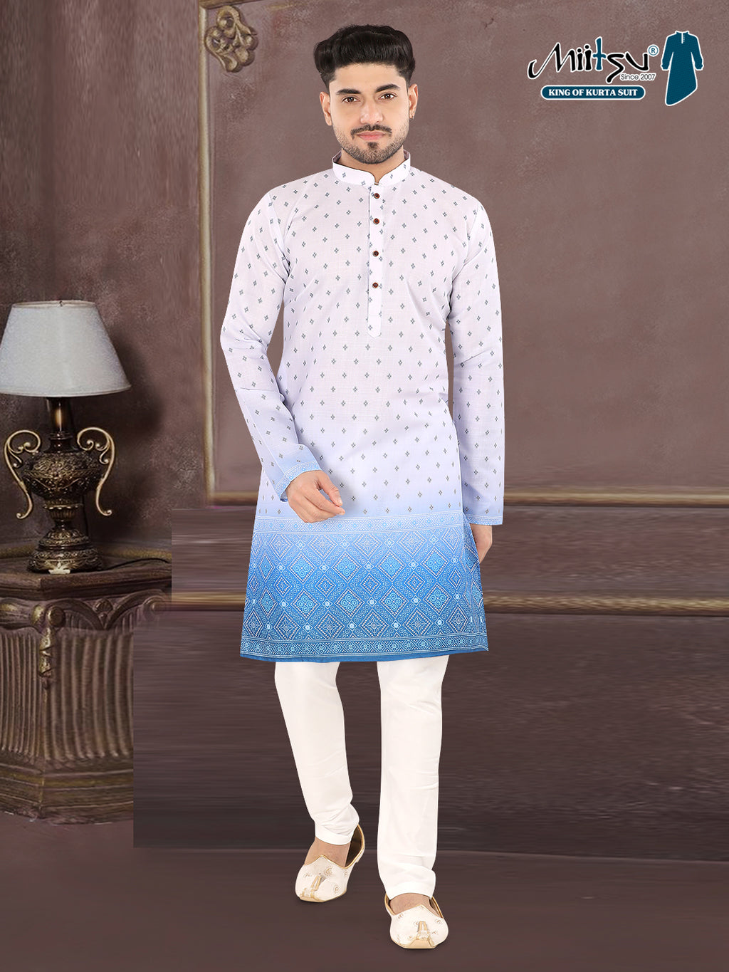Sky Blue Printed Kurta Set with Elegant Woven Border (1939)