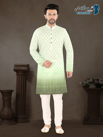 Pista Green Printed Kurta Set with Elegant Contrast Border (1939)