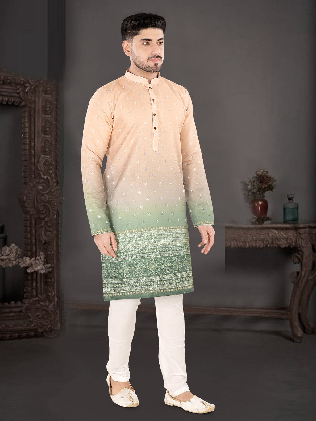 Peach to Pista Ombre Printed Kurta with Traditional Border (7081)