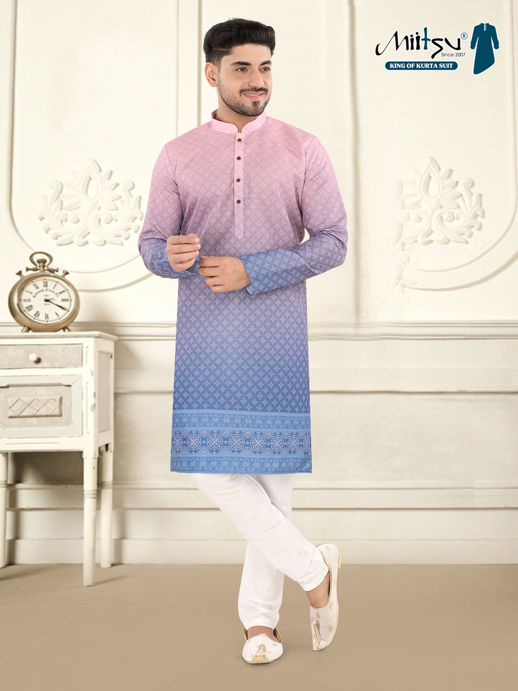 Gajari Pink to Blue Ombre Printed Kurta Set with Designer Border (1943)