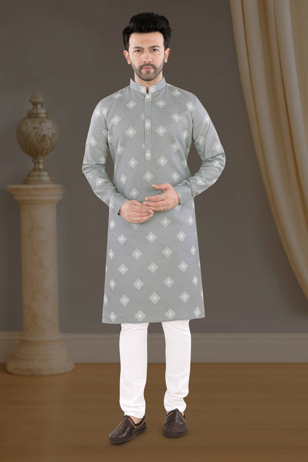 Smoky Grey Diamond Print Kurta (20003)