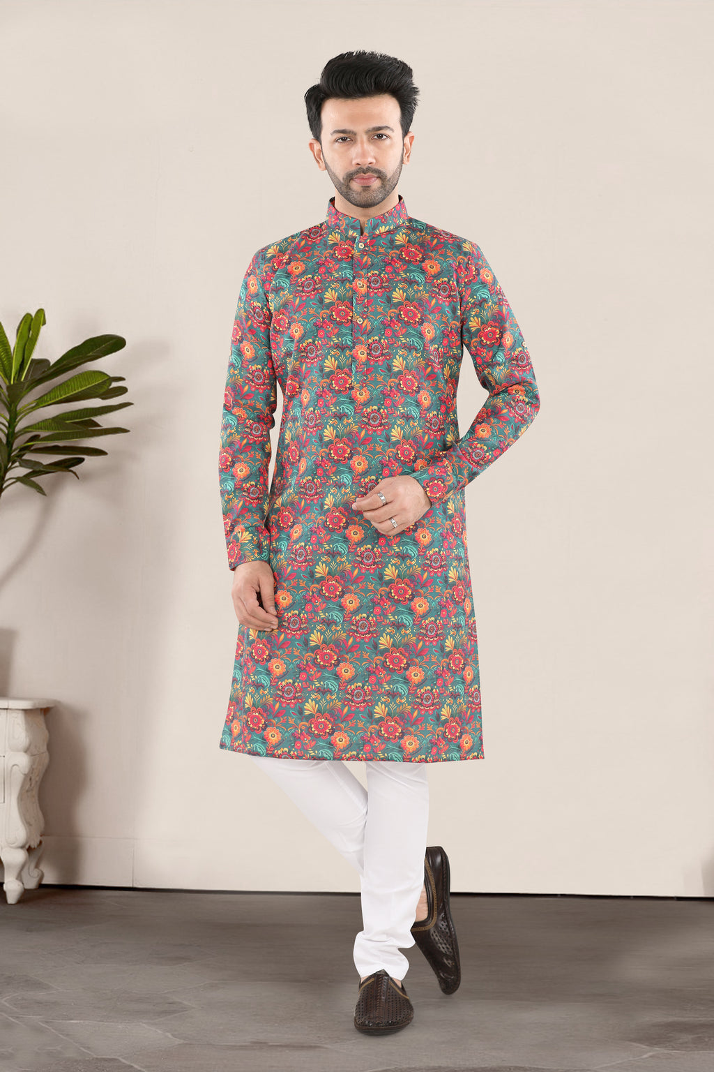 Teal Green Floral Print Kurta (20076)