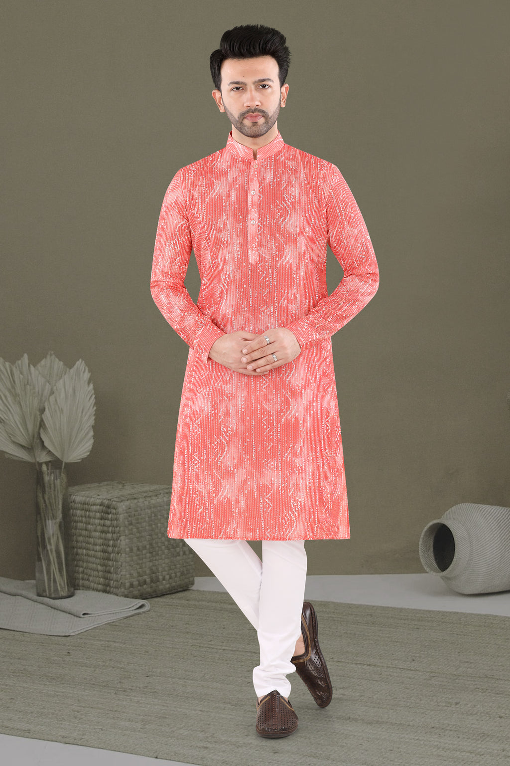 Peach Textured Print Festive Kurta (20138)