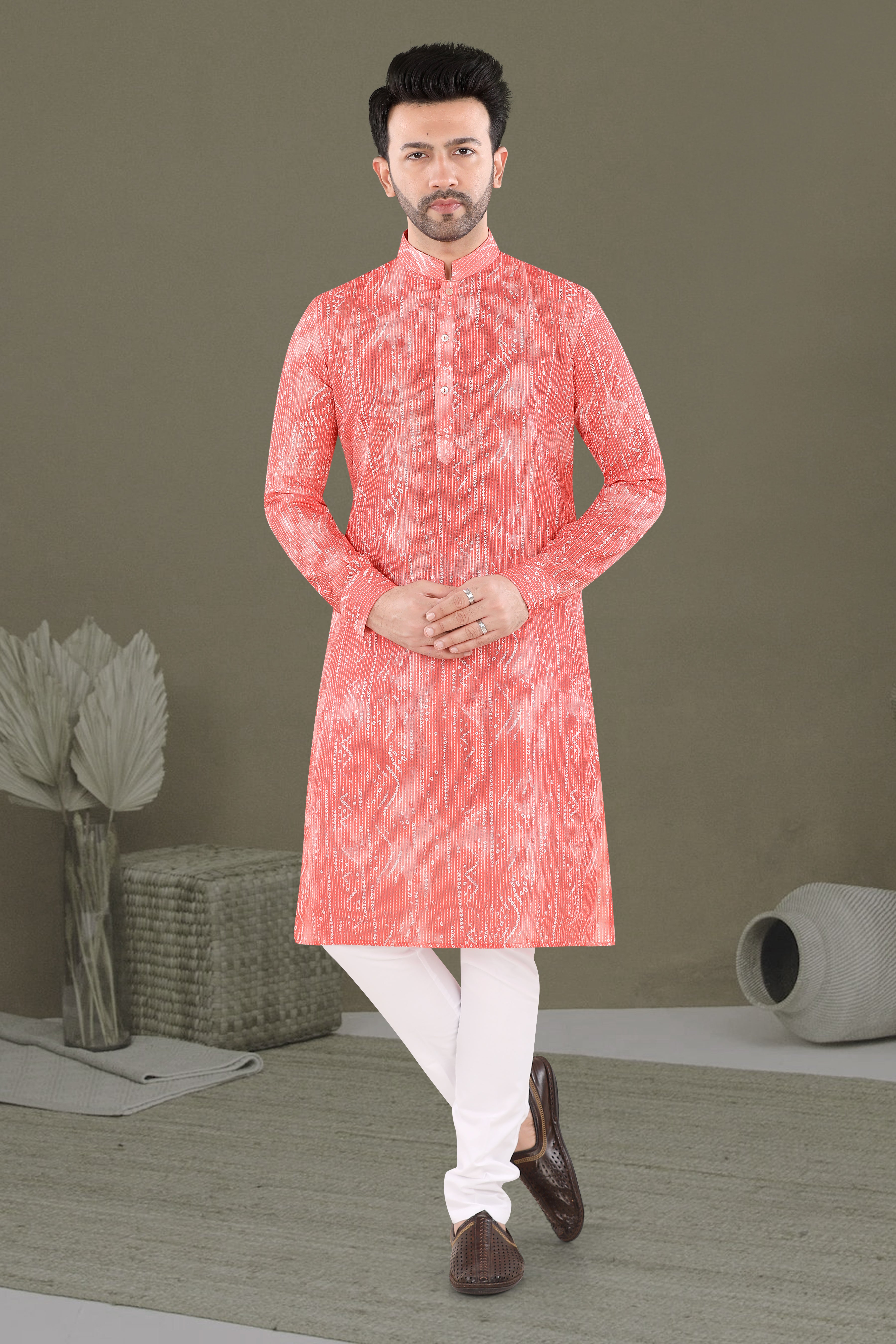 Peach Textured Print Festive Kurta (20138)