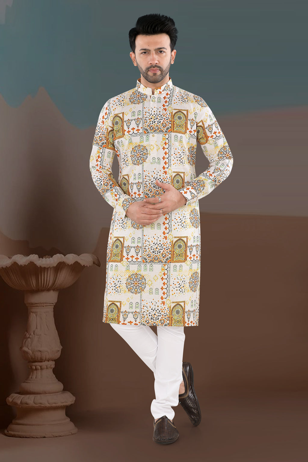 Cream Heritage Motif Print Kurta (20155)