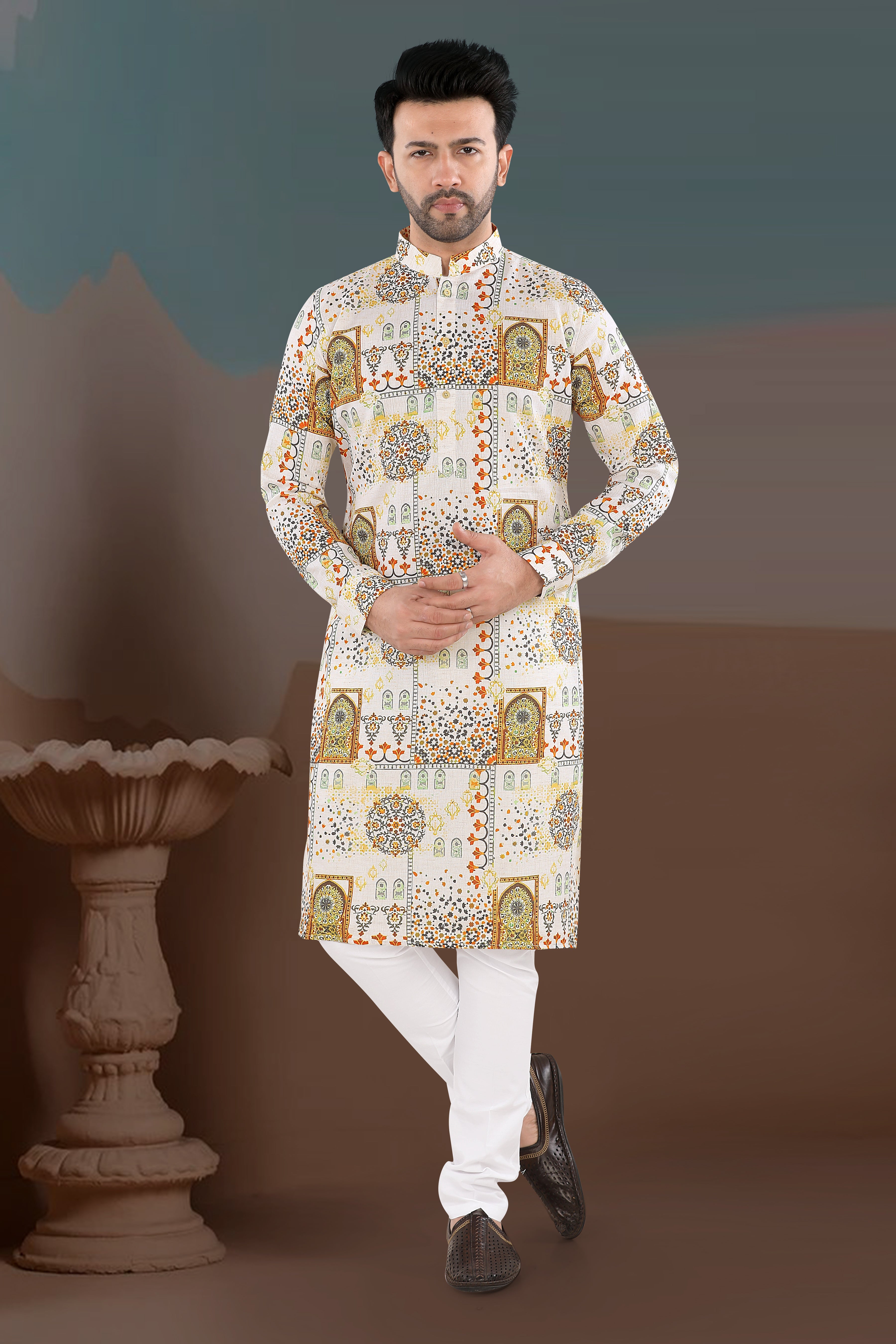 Cream Heritage Motif Print Kurta (20155)