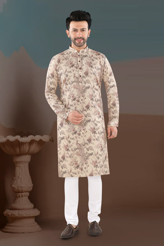Antique Beige Floral Kurta – Heritage Print Festive Wear (2859)