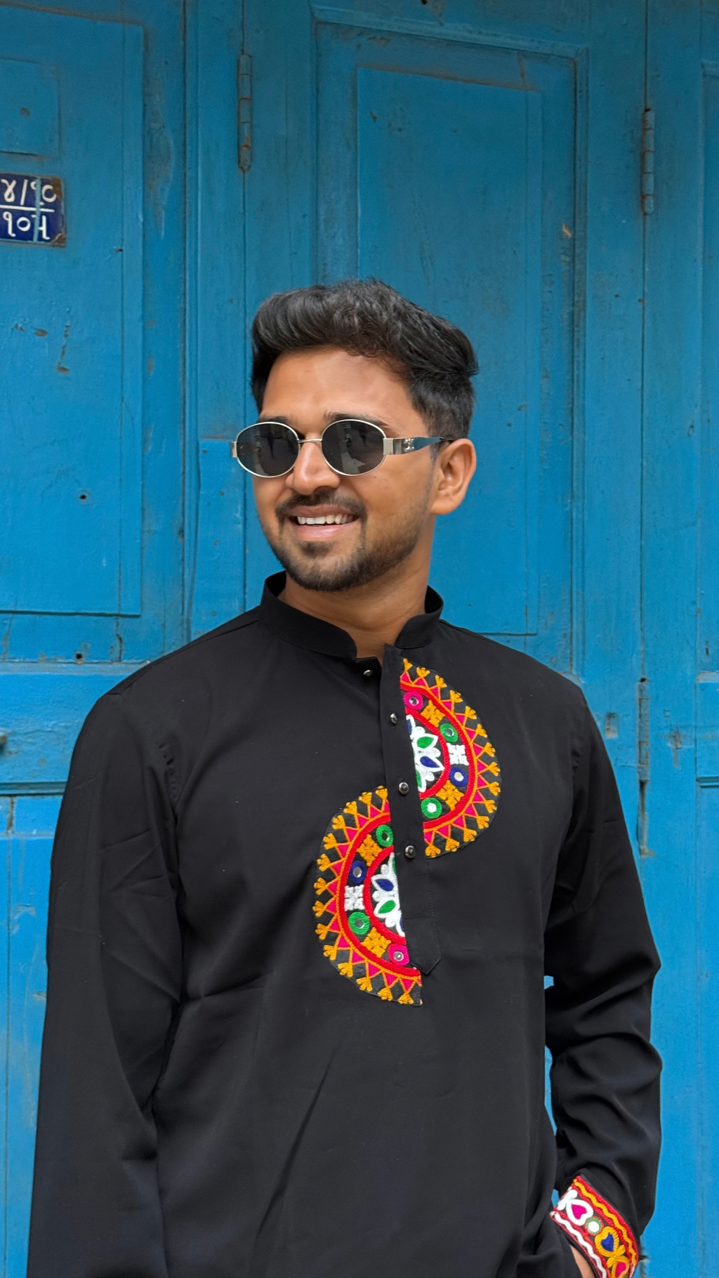 Jet Black Kurta with Semicircular Folk Yoke Embroidery (7786)