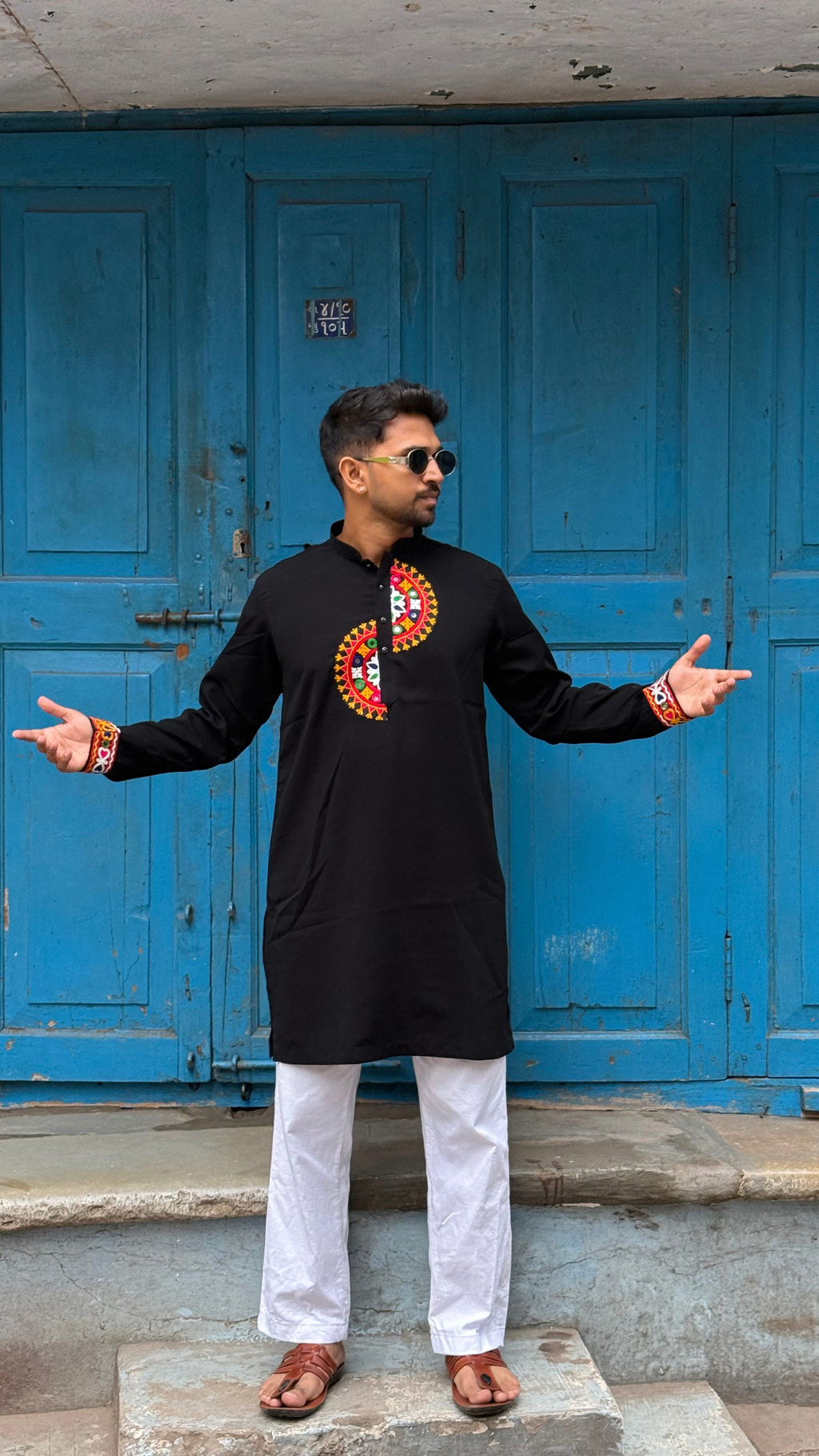 Jet Black Kurta with Semicircular Folk Yoke Embroidery (7786)