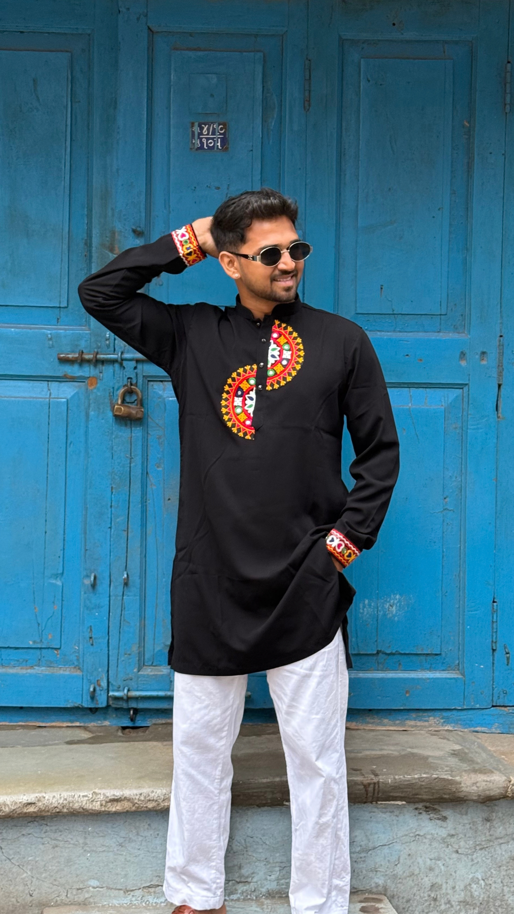 Jet Black Kurta with Semicircular Folk Yoke Embroidery (7786)