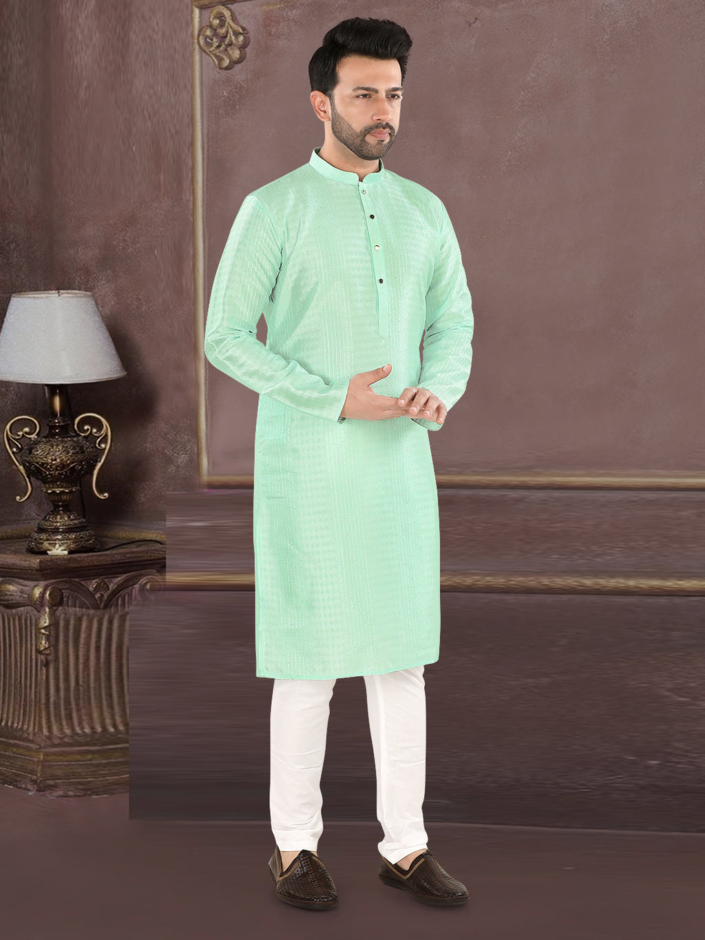 Mint Green Self-Textured Kurta Set with Mandarin Collar (4250)