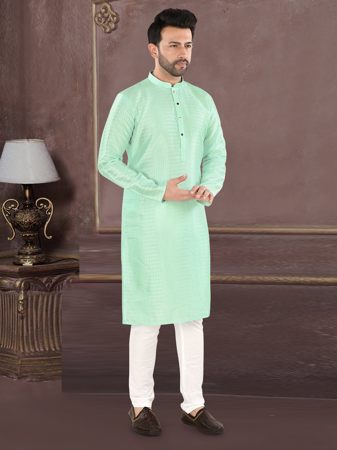 Mint Green Self-Textured Kurta Set with Mandarin Collar (4250)