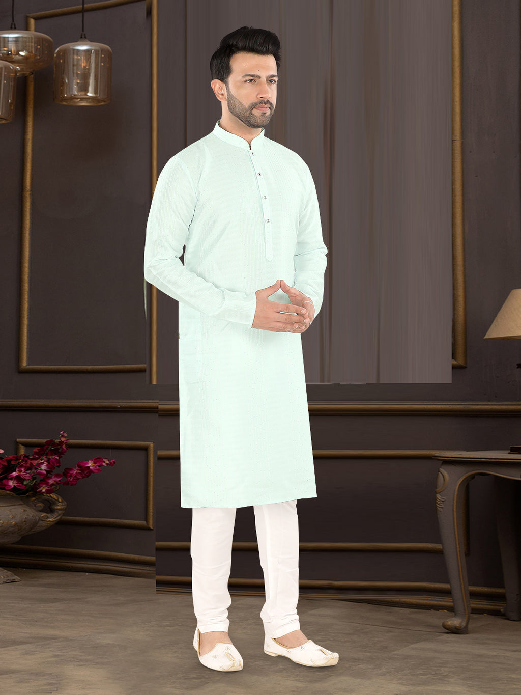 Light Sky Blue Textured Festive Kurta – Classic Ethnic Elegance for Men (4250)