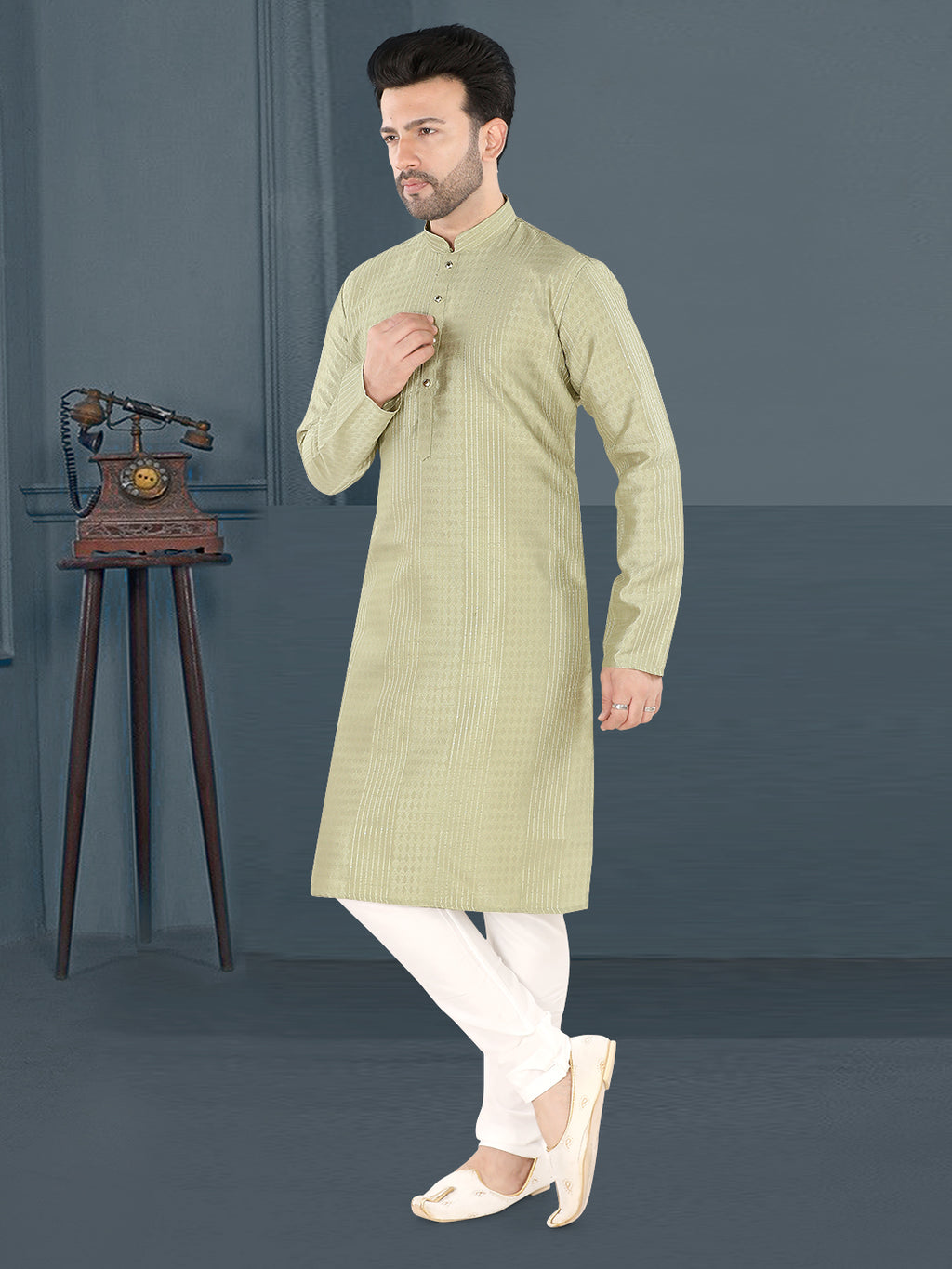 Pista Green Textured Festive Kurta – Elegant Ethnic Wear for Men (4250)
