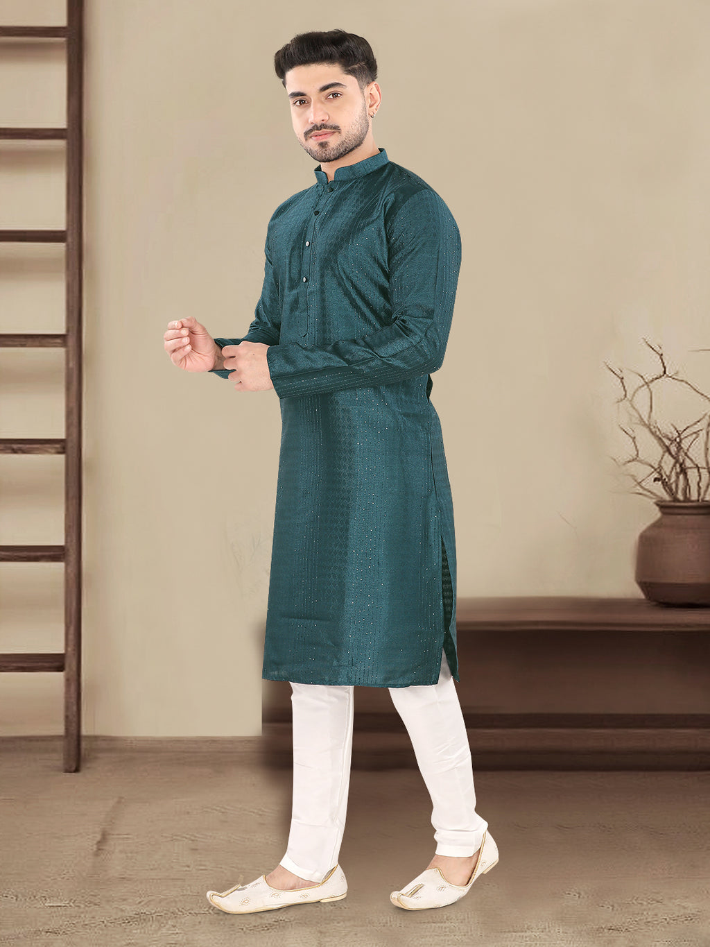 Teal Blue Textured Festive Kurta – Regal Ethnic Style for Men (4250)