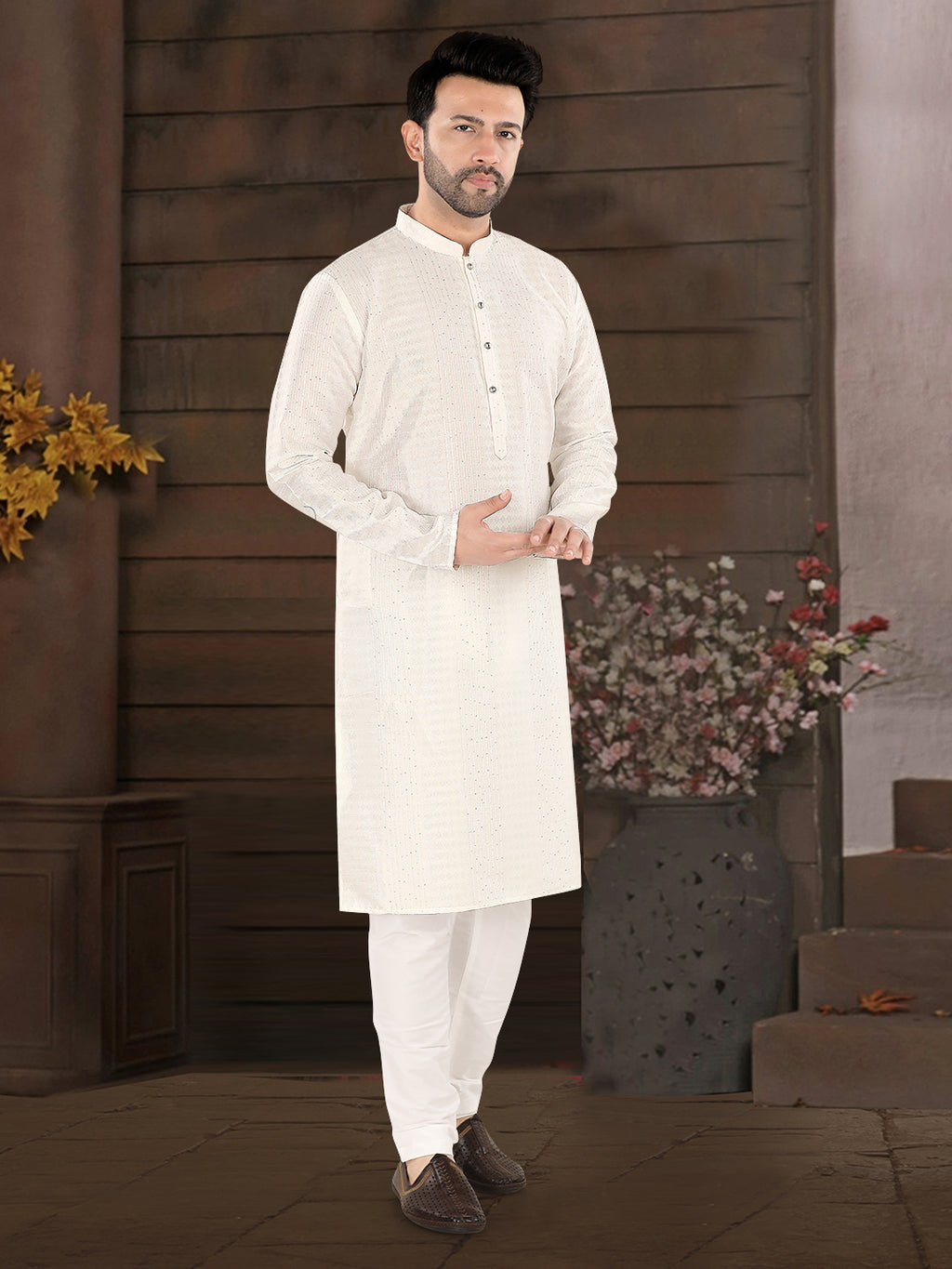 Classic White Textured Festive Kurta – Timeless Elegance for Men (4250)