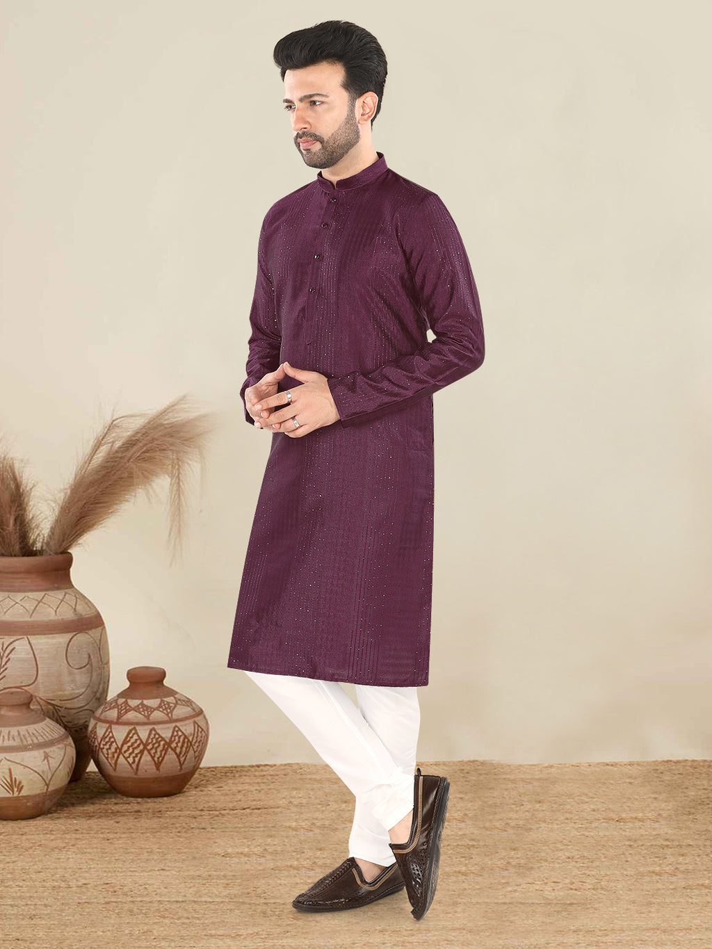 Wine Textured Festive Kurta – Rich & Elegant Ethnic Wear for Men (4250)