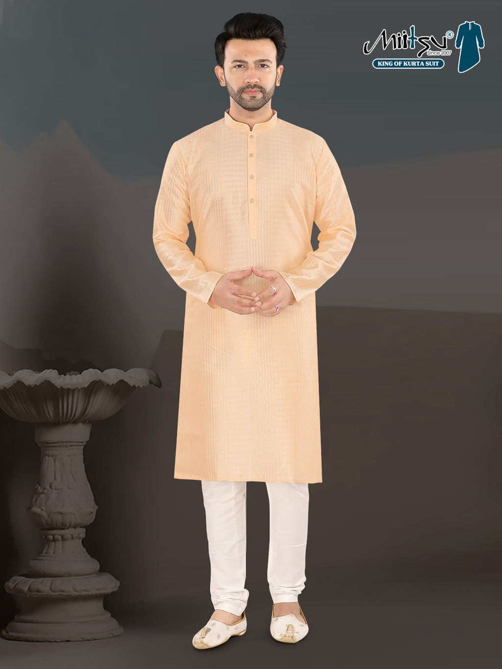 Soft Orange Textured Festive Kurta – Elegant Ethnic Wear for Men (4250)