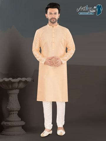 Soft Orange Textured Festive Kurta – Elegant Ethnic Wear for Men (4250)