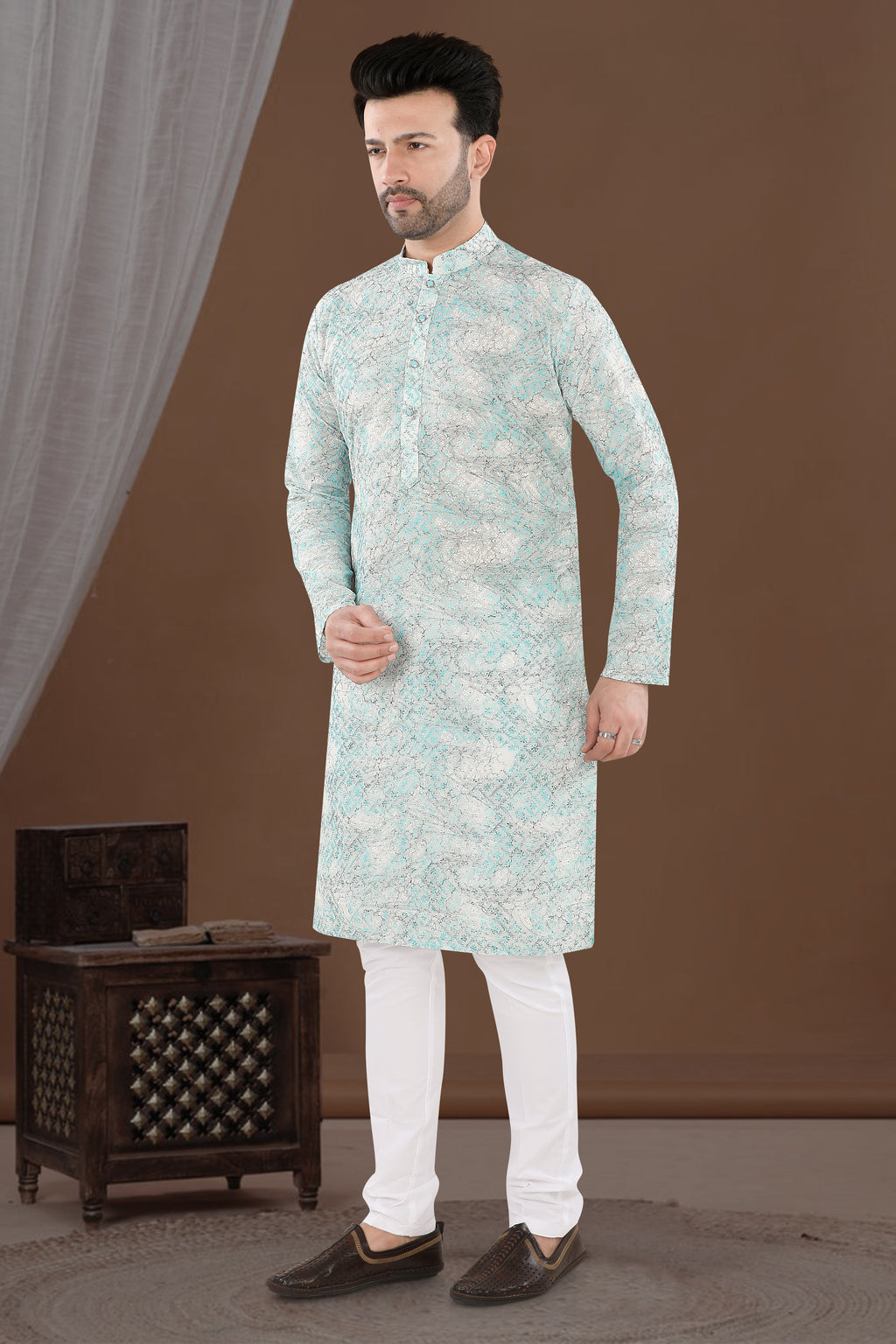 Sky Blue Marble Print Kurta – Contemporary Festive Wear (4541)