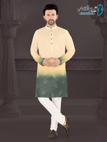 Cream & Olive Ombre Leaf Print Kurta (4582)