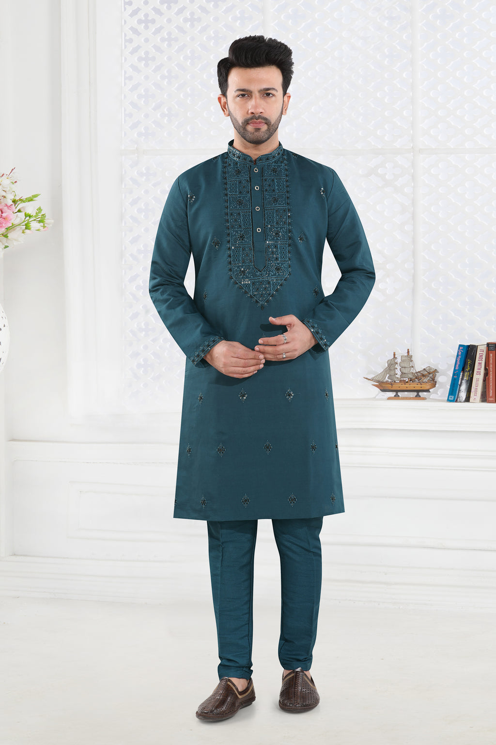 Teal Blue Embroidered Festive Kurta Set (4605)