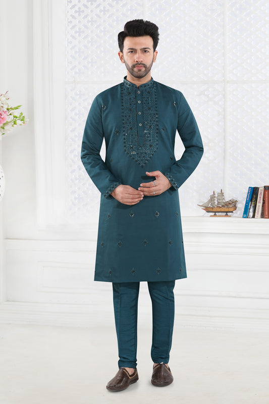 Teal Blue Embroidered Festive Kurta Set (4605)