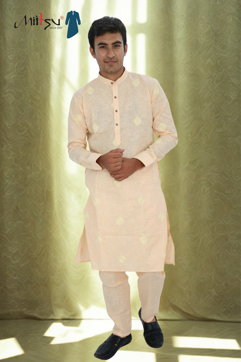 Men's Subtle Peach Embroidered Kurta-Pyjama Set (4840)