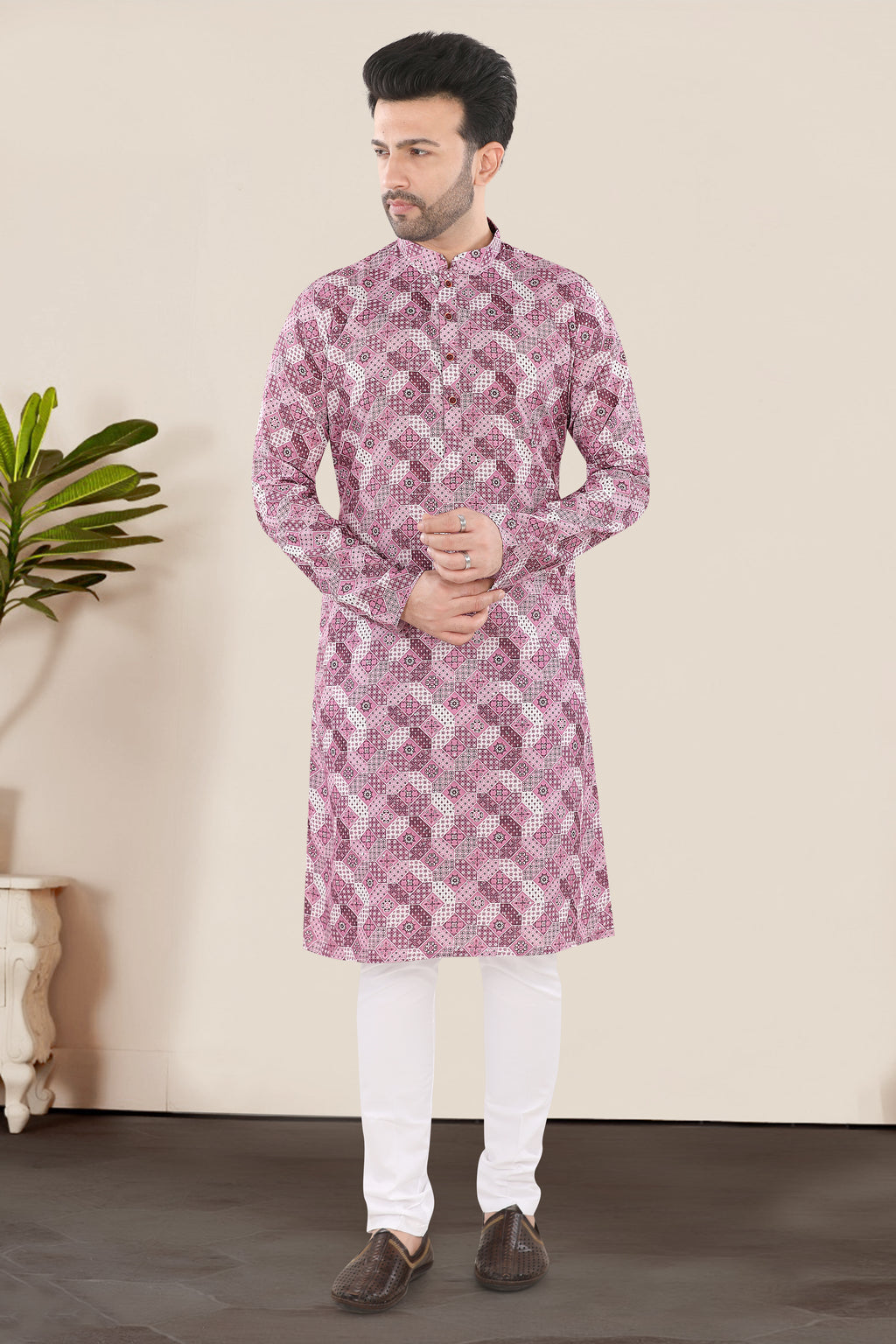 Rose Pink Geometric Printed Festive Kurta Set (5179)