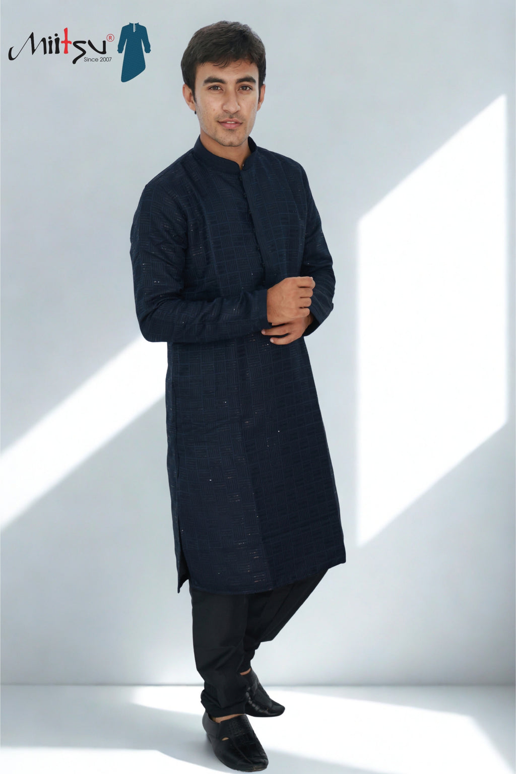 Men’s Navy Blue Textured Kurta Set (6038)