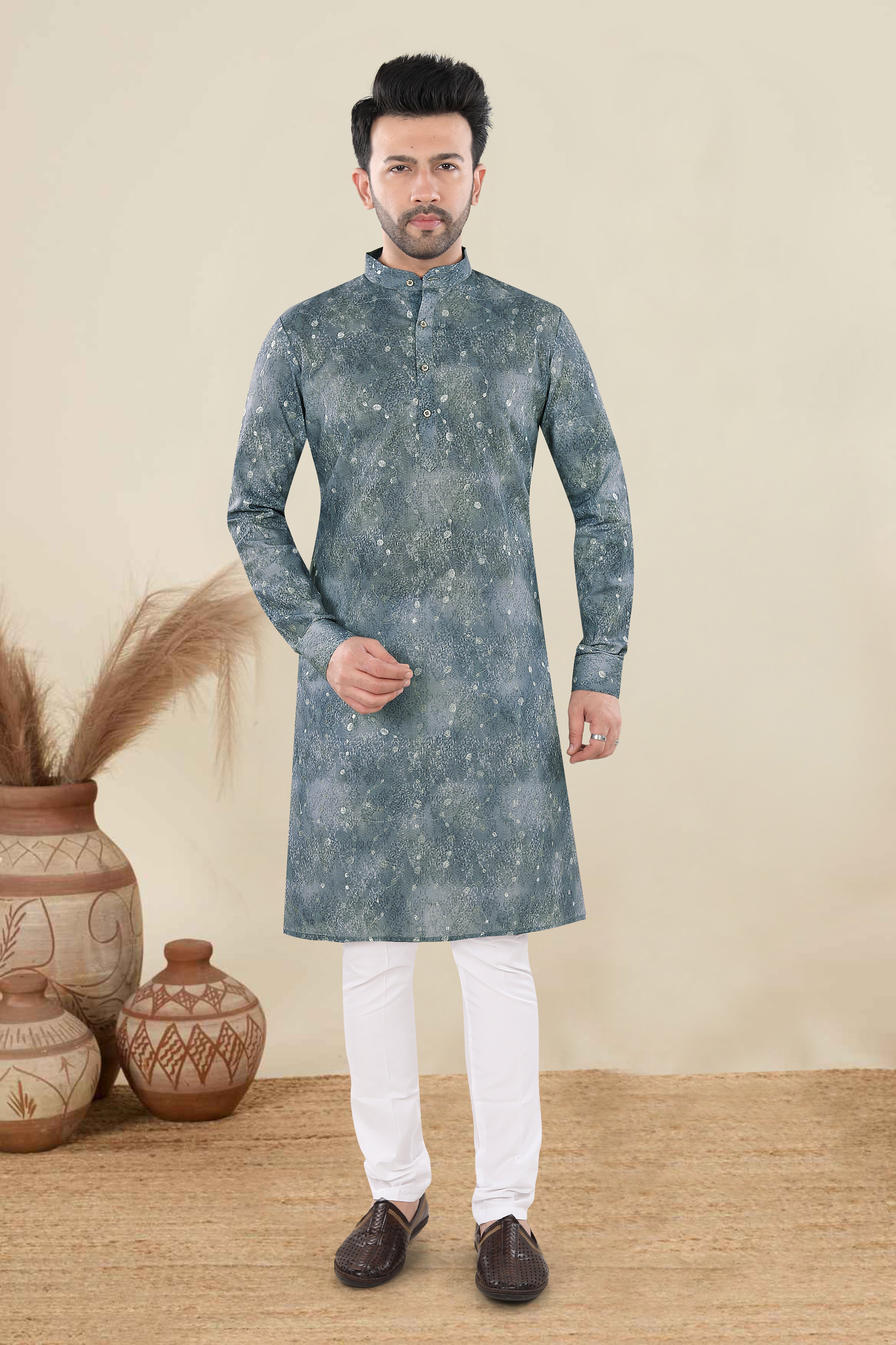 Slate Grey Textured Festive Kurta Set (6425)